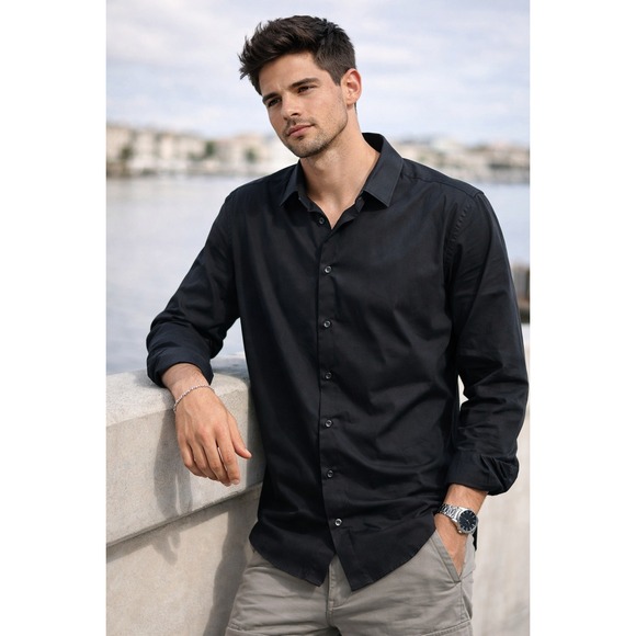 Cavalli Class Other - Cavalli Class Mens Black Textured Long Sleeve Button Down Shirt 44/17.5
